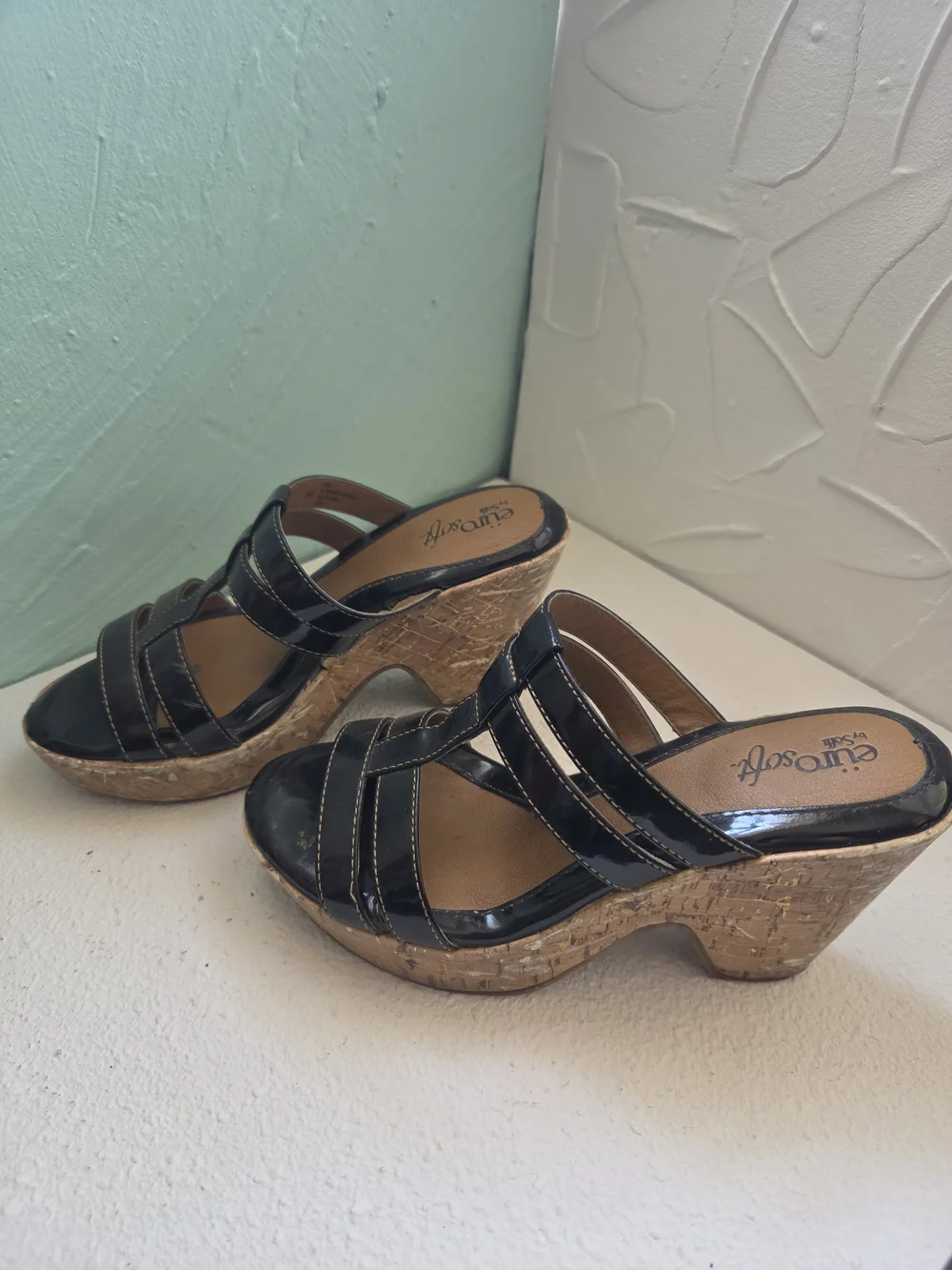 Black Patent Cork-Platform Slide Heels by Eurosoft